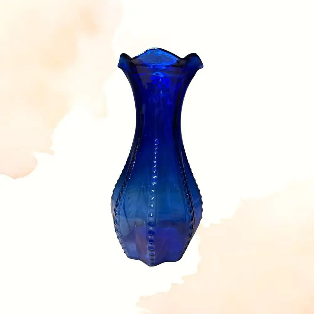 Vintage Indiana Glass Cobalt Blue Beaded Panel Bud Vase Ruffled Rim MCM